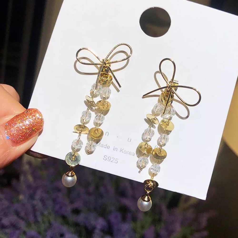 Crystal Beaded Tassels Pearl Bowknot Stud Earrings